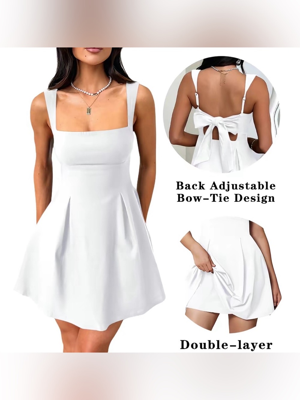 Classic White A-line Mini Dress, Square Neck, Bow Tie